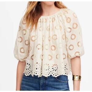 Madewell Embroidered Shirred Puff-Sleeve Top Size S NWT